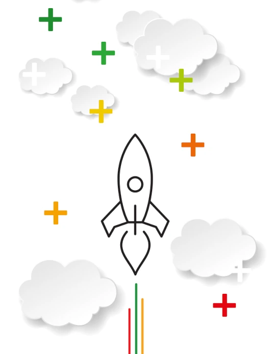 Illustration einer Rakete, die durch Wolken und bunte Pluszeichen in den Himmel aufsteigt.